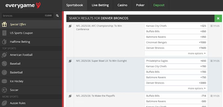 Odds display from Everygame, a major player in New Mexico online sportsbooks.